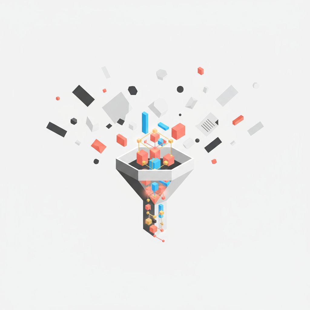 gemini-2.5-flash-image-preview_Multiple_scattered_shapes_grey-toned_papers_nodes_or_blocks_flow_toward_a_central_funnel_or_geom-2
